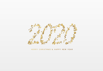 2020 New Year. Text of shiny golden confetti, tinsel sparkles with bright stars.