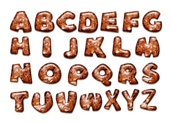 Gingerbread cookie with icing alphabet letter. Set 3d tasty letters, isolated on white background.