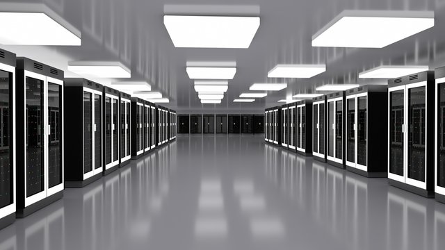 Server room data center. Datacenter hardware cluster. Backup, hosting, mainframe, farm and computer rack with storage information. 