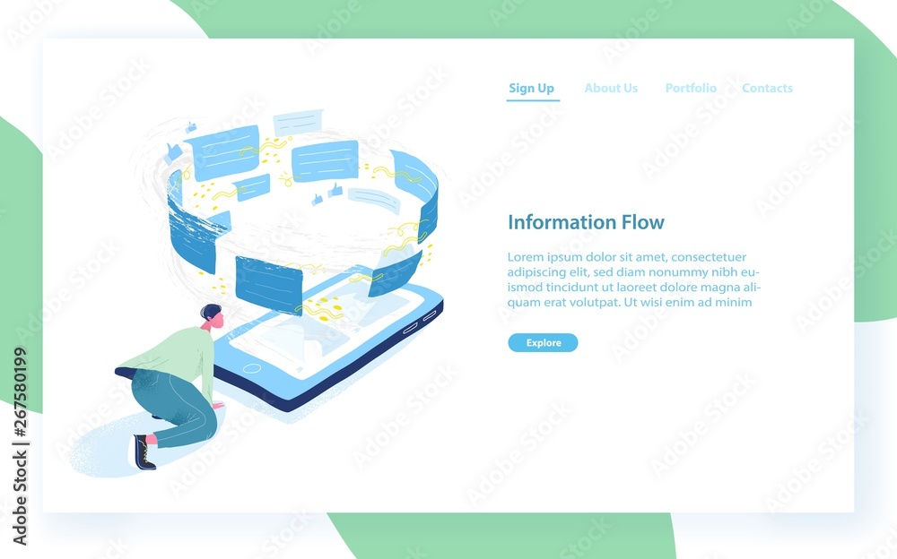 Aufkleber Web banner template with man, giant smartphone and vortex of messages. Information flow, internet communication, data transfer. Modern flat vector illustration for mobile application advertisement.
