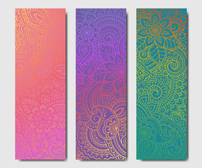 Set of design yoga mats. Floral pattern in oriental style for decoration sport equipment. Colorful ethnic Indian ornaments for spiritual serenity. Decor of business card, poster, print in henna tattoo