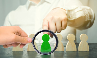 Woman leader chooses the person in the the team. Human Resource Management. Talented worker. Hiring...