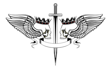 Fototapeta premium Black and white vector image of crowned skulls with wings. Image on white background.