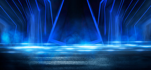 Wet asphalt, reflection of neon lights, a searchlight, smoke. Abstract light in a dark empty street with smoke, smog. Dark background scene of empty street, night view, night city. © MiaStendal
