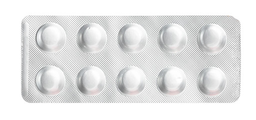 Silver blister packs pills isolated on white - obrazy, fototapety, plakaty