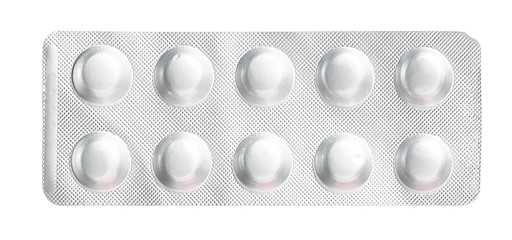 Silver blister packs pills isolated on white