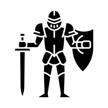 Medieval knight with shield and sword glyph icon