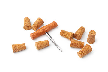 corkscrew and wine cork isolated on white background