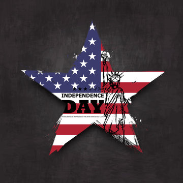 4th of July independence day of USA . Grunge star shape with america flag and statue of liberty drawing design on chalkboard texture background . Vector .