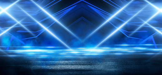 Wet asphalt, reflection of neon lights, a searchlight, smoke. Abstract light in a dark empty street with smoke, smog. Dark background scene of empty street, night view, night city.