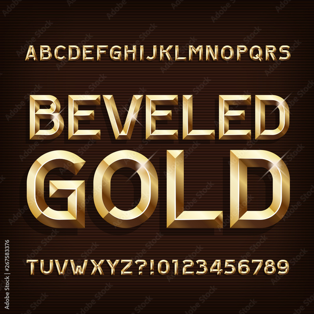 Fototapete beveled gold alphabet font. 3d gold letters and numbers. stock vector typeface for your typography d
