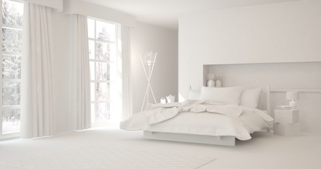 Modern bedroom in white color. Scandinavian interior design. 3D illustration