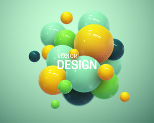 Abstract composition with 3d spheres cluster. Colorful glossy bubbles. Vector realistic illustration of balls. Trendy banner or poster design. Futuristic background