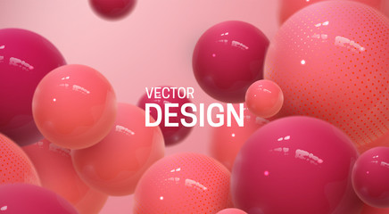 Abstract background with dynamic 3d spheres. Plastic red bubbles. Vector illustration of glossy balls. Bouncing particles. Modern trendy banner or poster design