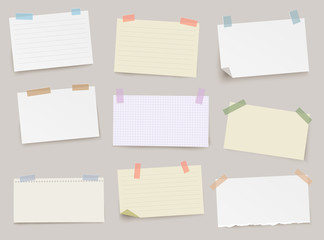 Set of different note papers with color adhesive tape on transparent background. - Illustration