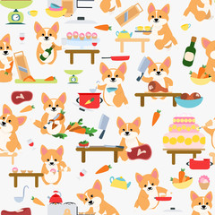 Seamless pattern. Cute dog corgi cooks are cooking in the kitchen. Baking cakes and pastries, cooking vegetables and meat. Cookware and things for cooking: pots, pans, gas stove. Vector illustration 