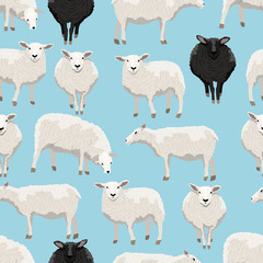 Seamless pattern. White and black fluffy sheep on a blue background. Vector for packaging, paper, prints and cards
