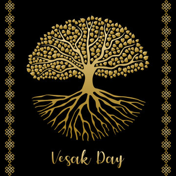 Happy Vesak Day greeting card of gold bodhi tree