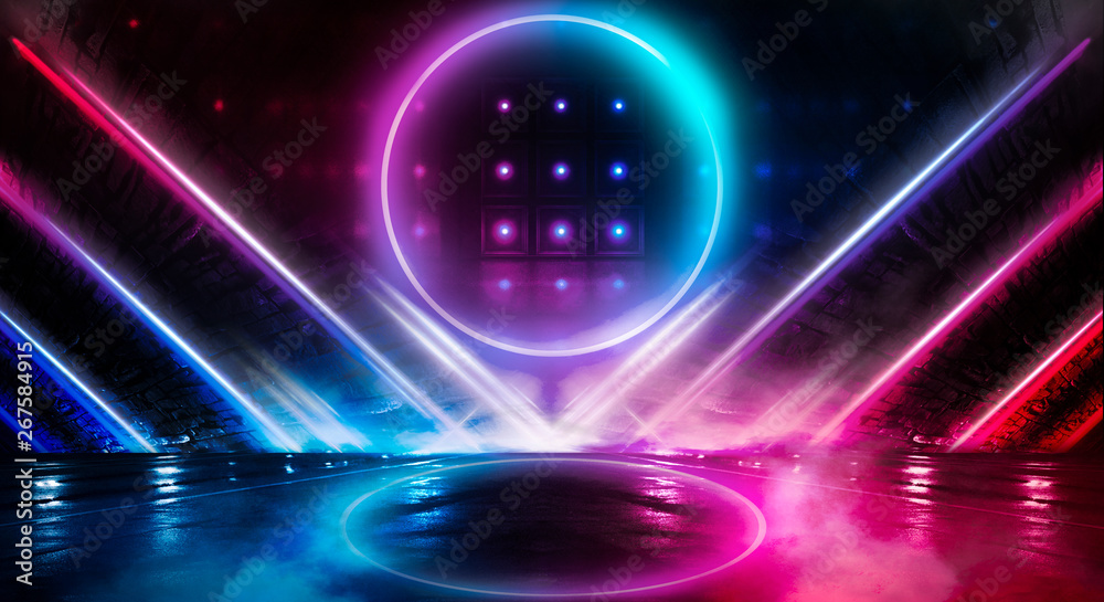 Wall mural neon circle, wet asphalt, reflection. neon circle with the center of a dark empty scene with spotlig