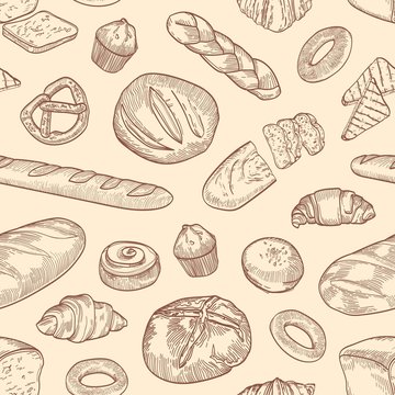 Seamless pattern with different breads and backed products hand drawn with contour lines on light background. Backdrop with bakery assortment. Elegant realistic vector illustration for wrapping paper.