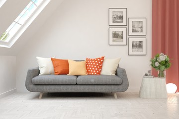 Stylish room in white color with sofa. Scandinavian interior design. 3D illustration