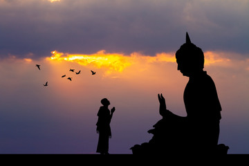 illustration of Buddhist monks at the temple at sunset - obrazy, fototapety, plakaty