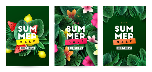 Summer background with tropical flowers and palm leaves. Vector illustration