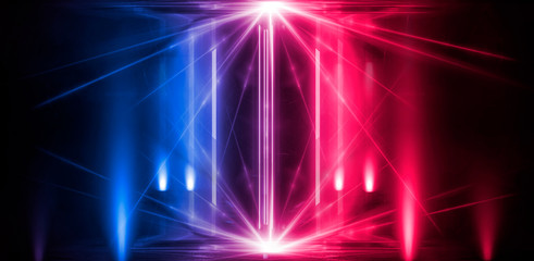 Neon lines on a dark background. Space background, lights space units. Abstract neon background, tunnels, corridors, lenses, glare, laser beams. The virtual reality