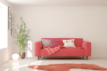 Stylish room in white color with coral sofa. Scandinavian interior design. 3D illustration