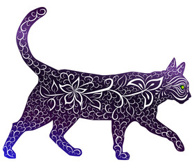 Elegant cat, silhouette, hand-painted in Indian style, print, design