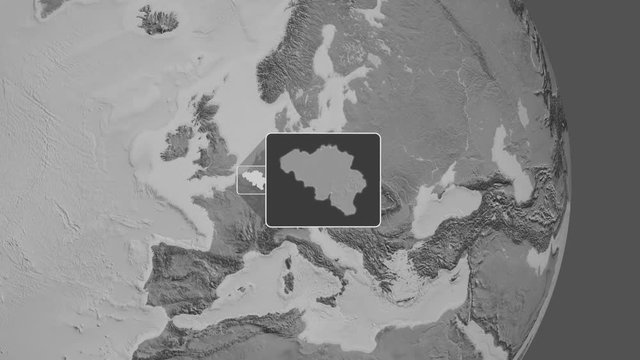 Belgium area bounds outlined on the end cap of rectangular tube and animated against the spinning bilevel globe. Animation 3D