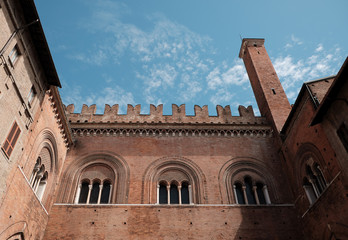 view of the Gothic palace (Palazzo Gotico) from courtyard - in the Main square of Piacenza on a sunny day - Emilia-Romagna