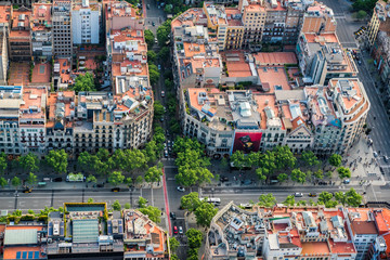 Obraz premium Aerial view of Barcelona buildings, high angle view of the city typical urban grid, Spain