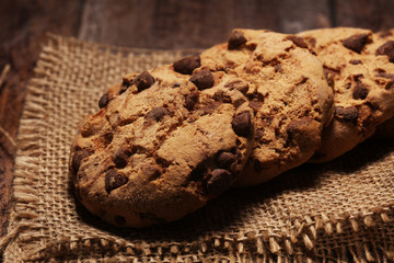 Chocolate cookies on wooden table. Chocolate chip cookies shot very delicious