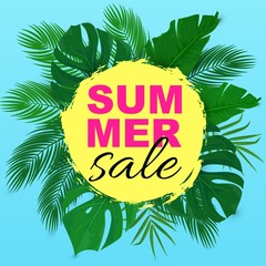 Vector Summer Sale design with tropical leaves on circle yellow background. Big summer offer design, Sale template for stories, flyer, invitation, poster, web site, social media. 