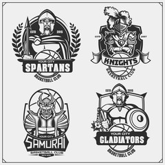 Set of basketball labels, emblems, badges with ancient warriors. Print design for t-shirt.
