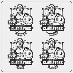 Volleyball, baseball, soccer and football logos and labels. Sport club emblems with gladiator. Print design for t-shirts.