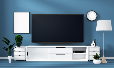Smart Tv Mockup with blank black screen on cabinet and decoration in cyans color room.3D rendering