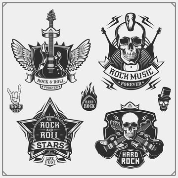 Rock'n'Roll music symbols, labels, logos and design elements. Print design for t-shirts.