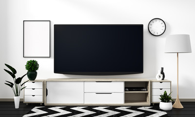 white wall on black floor - mock up room smart tv on cabinet design and decorations modern japanese style.3D rendering