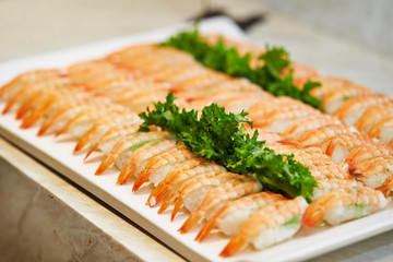 Boiled shrimp sushi at buffet 
