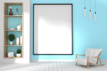 mock up poster frame in hipster green room interior japanese style.3D rendering