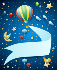 Fototapeta premium Surreal landscape by night with balloon, banner and flying fishes