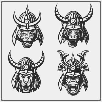 Set of samurai warrior masks with lion, tiger, panther and gorilla. Japanese warrior emblems and design elements. Print design for t-shirt.