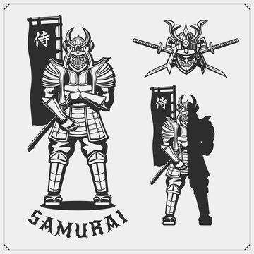 Set of samurai warrior masks, armor and weapon. Japanese warrior emblems, labels, badges and design elements. 