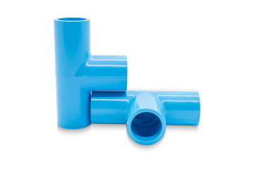 Blue pvc plastic pipe T-joint fitting connect 3 pipe isolated white background.