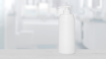 Soap dispenser on a white wooden shelf in a bathroom. Skin care and lotion product in a plastic package with empty copy space for Editor's text.