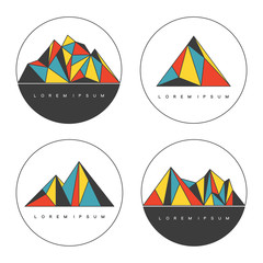 Round emblems with polygonal mountain ridges. Adventure vector set. Concept for outdoor labels, prints and badges.