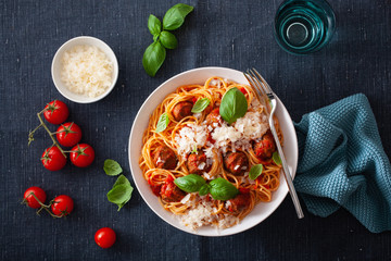 spaghetti with meatballs and tomato sauce, italian pasta