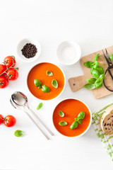 tomato soup flat lay on white backgorund
